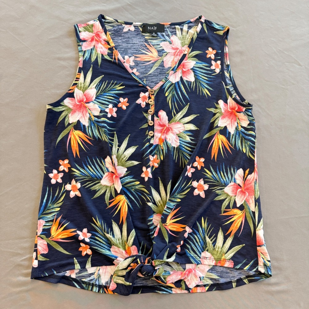 NAÏF Women Navy Tropical‎ Floral Henley Tie Front Sleeveless Tank Top Medium
